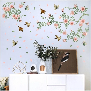 Floral wall decal with cherry blossoms and birds for modern living room decor