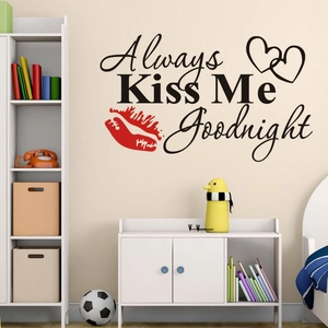 Bedroom wall decal showing 'Always Kiss Me Goodnight' text with red lips and black hearts