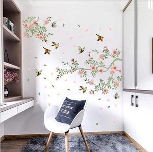 Floral and bird wall stickers featuring pink peach blossoms and birds for home wall decor