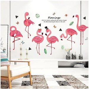 Modern pink flamingo wall stickers with green leaves for living room wall decoration