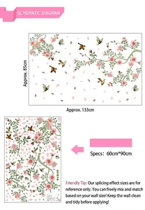Pink cherry blossom and bird wall decals measuring 133x85cm for living room decoration