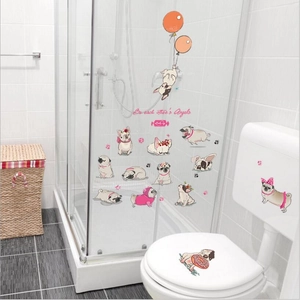 Cartoon bulldog wall stickers with balloons for kids room and bathroom glass decor