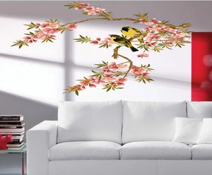 Sticker mural fleurs de pêcher et oiseaux jaunes pour fond de chambre et de salon
