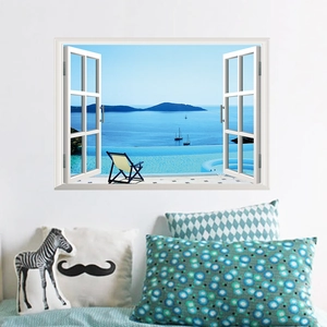 3D ocean view false window wall sticker with Mediterranean landscape for home decoration