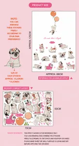 Cartoon pug wall sticker set for kids room decor with DIY arrangement and size guide