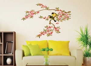 Sticker mural fleurs de pêcher et oiseaux pour décoration de salon et chambre