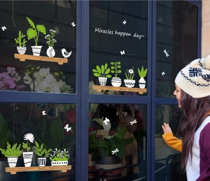 Stickers muraux plantes en pot fraîches papillons et texte Miracles happen day