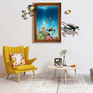 Sticker mural 3D fenêtre océan avec tortue marine et récif corallien pour salon