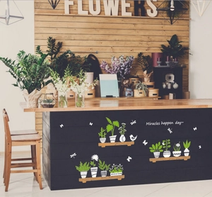 Stickers muraux plantes en pot et étagère en bois pour décoration de porte en verre café