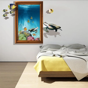 Sticker mural 3D fenêtre océan avec tortues et poissons tropicaux pour décor de chambre