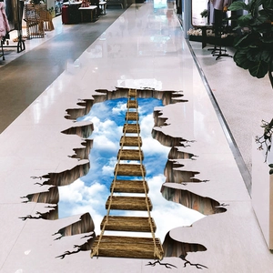 3D wooden bridge floor sticker with sky visual effect for living room decoration