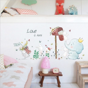 Cartoon Elephant Rabbit Wall Sticker For Kids Room Decor Waterproof PVC Watercolor Animal Flower Nursery Wall Decal Love Is Here