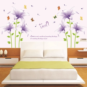 Romantic purple lily flower wall stickers with butterfly and Love quote for bedroom decor