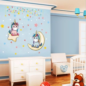 Cartoon unicorn wall stickers with stars and moon for nursery and kids bedroom decor