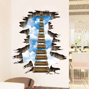 3D visual wall sticker featuring a wooden bridge to the sky for living room decor