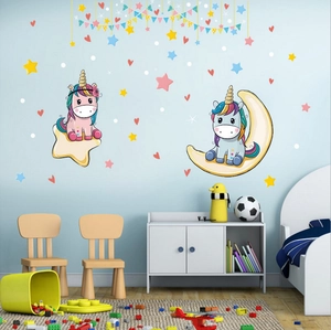 Cute cartoon unicorn wall decals set for kids nursery room with stars and moon