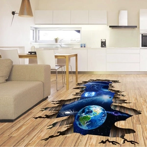 Creative 3D cosmic wall sticker featuring starry space planet in cracked floor design