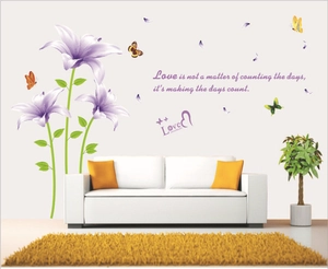 Purple lily flower wall decals with butterflies and inspirational quotes for living room decor