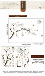 Détail de stickers muraux style encre chinoise avec fleurs et oiseaux zen