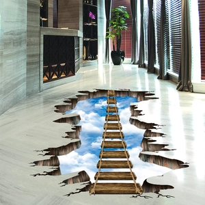 Detailed 3D floor sticker featuring a rope bridge over blue sky for home decor
