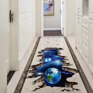 3D space galaxy floor decal with broken wall effect showing planets in a modern hallway