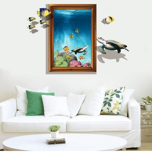 Détail d'autocollant mural 3D océan avec tortues et poissons pour le salon