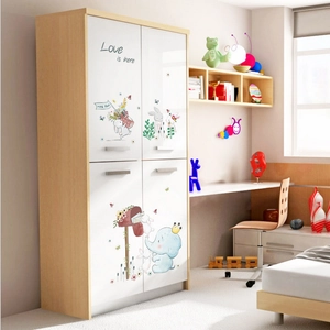 Children's four-door wooden wardrobe featuring elephant and rabbit cartoon wall stickers
