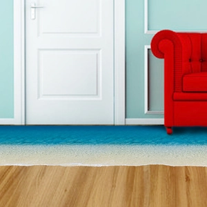 Detailed beach theme floor sticker featuring golden sand and blue ocean waves for decor