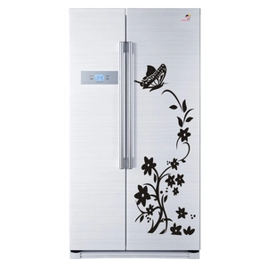 Modern side-by-side refrigerator featuring decorative butterfly and floral vine wall decals