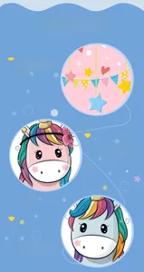Close-up of cartoon unicorn wall stickers with colorful flags and stars for kids' rooms