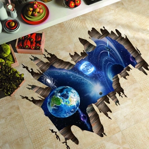 3D cracked wall effect floor sticker featuring cosmic earth and stars for home decor