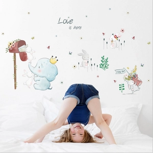 Watercolor elephant and rabbit wall stickers for kids room with cute blue and pink animals