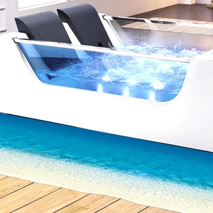 Detail of waterproof 3D beach floor sticker with waves pattern for modern bathroom decor