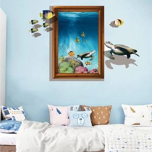 Sticker mural 3D monde marin avec tortue et récif de corail dans une chambre douillette