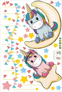 Cartoon unicorn wall stickers with rainbow manes stars and moon for kids room decor