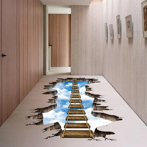 3D visual broken floor wall sticker featuring a wooden bridge and blue sky view on a corridor