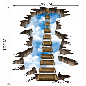 3D visual wall sticker of a wooden bridge with blue sky background, size 92x110cm