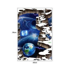 Detail layout of 3D galaxy wall sticker showing Earth and space scene in 90cm x 60cm size