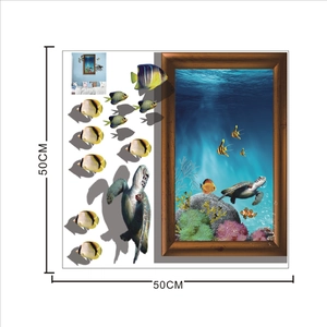 Détail du sticker mural 3D océan 50x50cm avec tortue de mer et poissons tropicaux