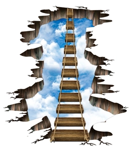 Detail of 3D cracked wall sticker featuring a wooden bridge with blue sky background