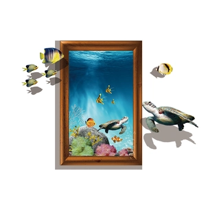 Sticker mural 3D fenêtre océan avec tortues marines et décor de récif corallien