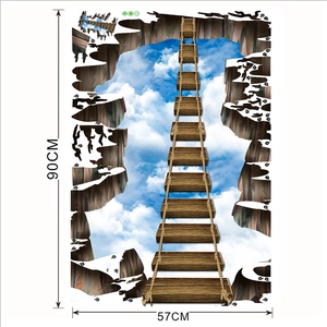 Macro detail of 3D cliff wooden bridge wall sticker layout measuring 90CM x 57CM