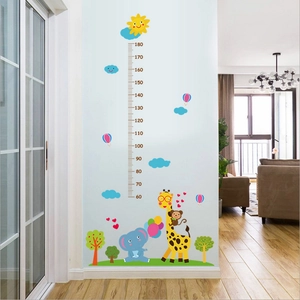 Cartoon animal growth chart wall sticker with giraffe and elephant measuring 60-180cm
