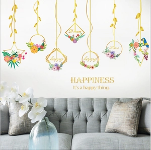 Nordic style hanging floral wall stickers with geometric frames and birds for living room