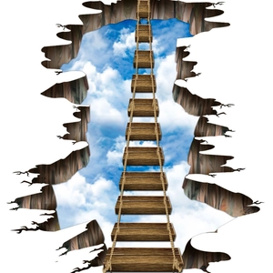3D wooden bridge wall sticker with blue sky view through a realistic broken wall effect