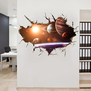 Sticker mural 3D détaillé montrant des planètes de l'espace avec effet mur cassé
