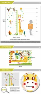 Cartoon giraffe height chart wall sticker set for kids room with animals and trees