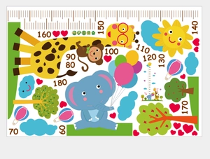 Detail of PVC animal height wall sticker featuring giraffe, elephant and 60-180cm scale
