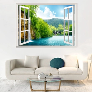 3D Fake Window Landscape Wall Sticker Nature Forest Waterfall Lake View Waterproof PVC Decal For Living Room Home Decor