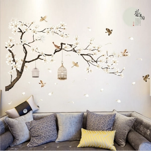 Sticker mural chinois élégant avec fleurs de magnolia et oiseaux pour décor de salon